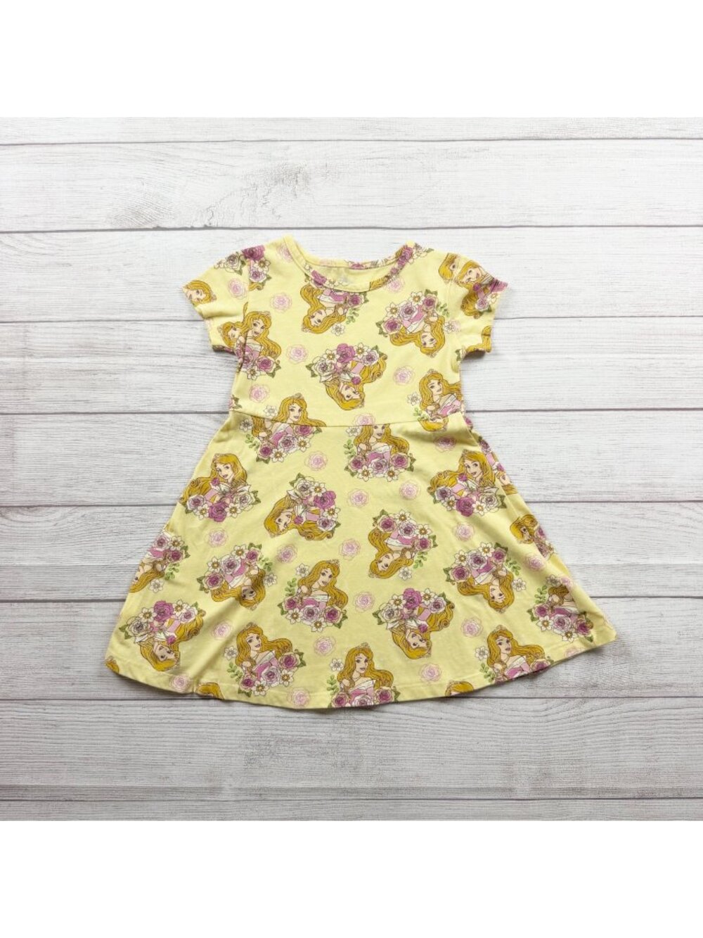 Disney Princess Belle Yellow Floral Girls Short Sleeve Dress 5T